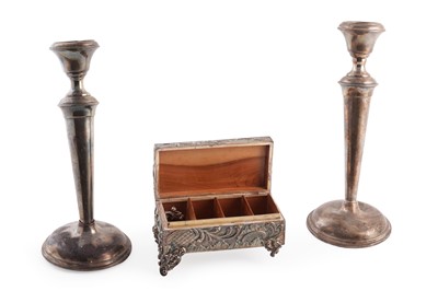Lot 455 - A 19th Century French silver stamp box, and a pair of candlesticks