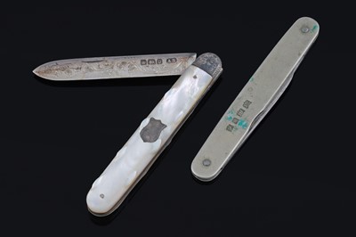 Lot 415 - A silver fruit knife with mother of pearl handle; and one other
