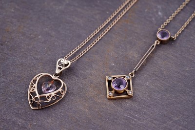 Lot 18 - An Edwardian amethyst and seed pearl lavalier necklace; and a love heart pattern pendant necklace