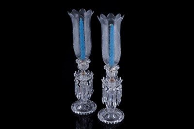 Lot 169 - A pair of glass hurricane light table lustres