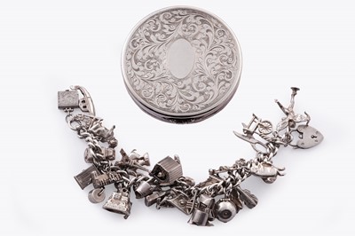 Lot 335 - A silver charm bracelet; and a silver compact