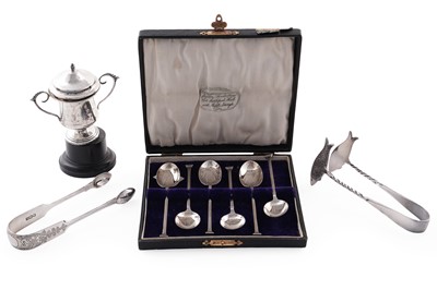 Lot 404 - A selection of silver items, and a pair of plated tongs