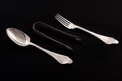 Lot 433 - A 19th Century Danish silver serving spoon and fork; and a pair of silver sugar tongs