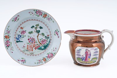 Lot 221 - A 19th Century copper lustre and transfer print jug; and a famille rose bowl