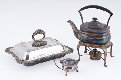 Lot 298 - A silver-plated spirit kettle; and other plated items