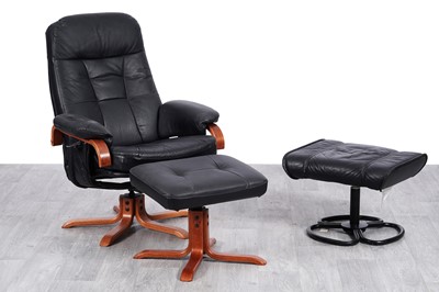 Lot 100 - A Stressless style black leather swivel action armchair and two stools
