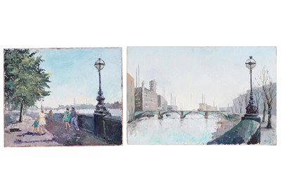 Lot 493 - Joyce Mary Tully - Two scenes on the banks of the Thames | oil