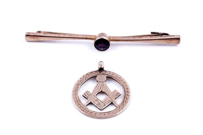 Lot 42 - A 9ct rose gold Masonic fob; and a rose gold bar brooch