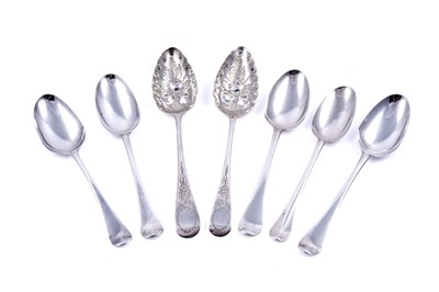 Lot 307 - Five various antique silver tablespoons; and two George III silver tablespoons