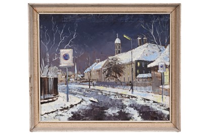 Lot 470 - Joyce Mary Tully - Snowy street scene at night | oil