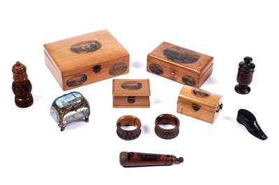 Lot 115 - Four Mauchline ware boxes and a whistle; and other items