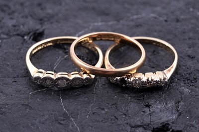 Lot 106 - Two early 20th Century five-stone diamond rings; and an 18ct gold wedding band