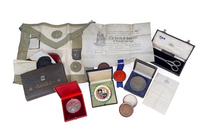 Lot 429 - Commemorative medallions; and a cased silver handled pair of scissors