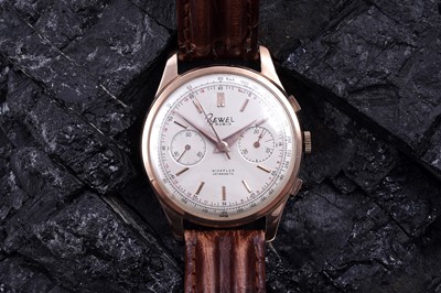 Lot 221 - A 1950s Rewel Nivaflex 18ct rose gold cased chronograph wristwatch