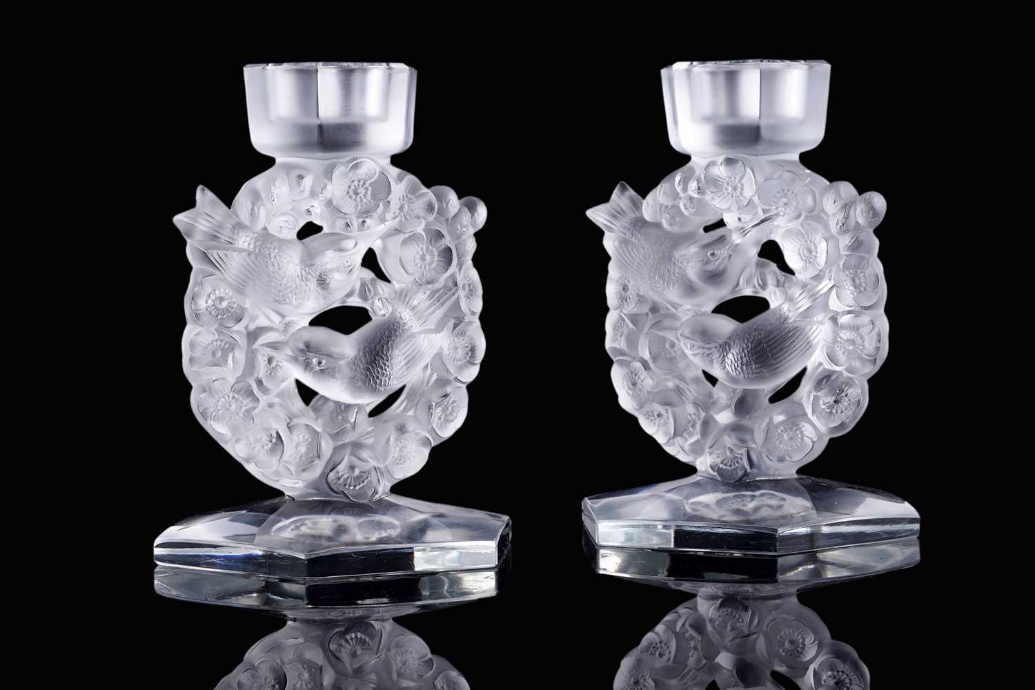 Lot 54 - A pair Lalique 'Mesanges' candlesticks