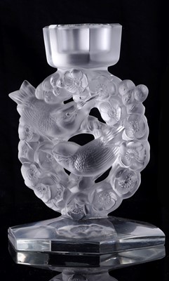 Lot 54 - A pair Lalique 'Mesanges' candlesticks
