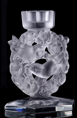 Lot 54 - A pair Lalique 'Mesanges' candlesticks