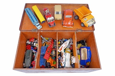 Lot 554 - A large collection of play-worn diecast, tin plate and other toys and vehicles; in a pine chest