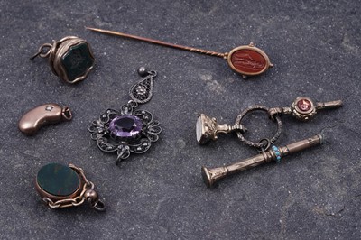 Lot 98 - Victorian and later fob novelties, including a 9ct rose gold swivel fob seal dated August 22nd 1892