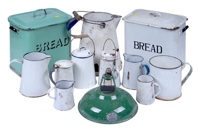 Lot 418 - A collection of enamel wares; and a selection of jugs