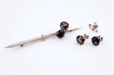 Lot 128 - A mid-20th Century smoky quartz brooch and stud earring set