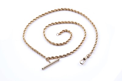 Lot 153 - A contemporary 9ct gold rope-twist necklace, watch chain style, with T-bar