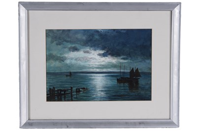 Lot 390 - F. Arnold - Moonlit scene with two boats - watercolour