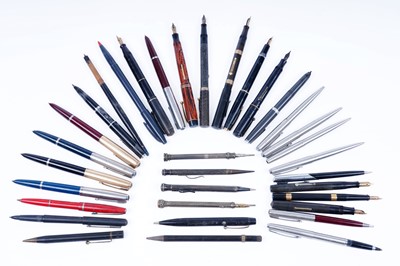 Lot 466 - A collection of fountain and ball point pens; and a silver propelling pencil
