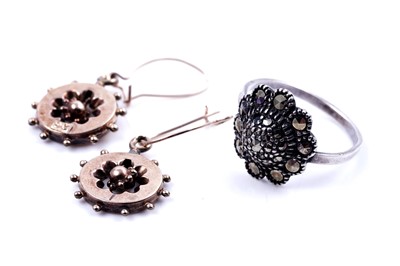 Lot 50 - A pair of Victorian 9ct gold earrings; and a silver and marcasite daisy pattern ring