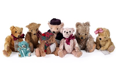 Lot 523 - Seven mohair teddy bears; and a Steiff type ted