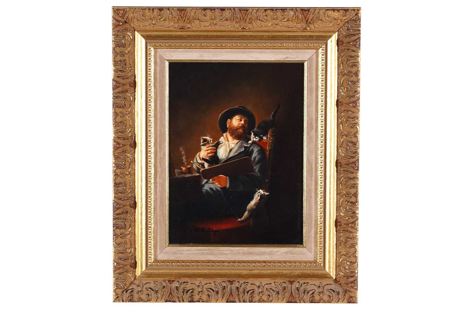Lot 314 - W.G. Kleijn - Man interrupted by kittens | oil