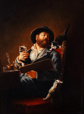 Lot 314 - W.G. Kleijn - Man interrupted by kittens | oil