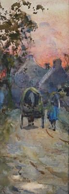 Lot 411 - Early 20th Century Impressionist British School - Horse and cart on a lane at sunset | watercolour