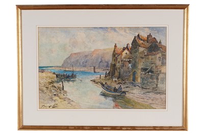 Lot 413 - Thomas Swift Hutton - Staithes looking east | watercolour