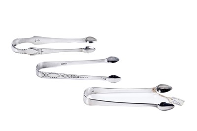 Lot 252 - Three pairs of Georgian silver sugar tongs, including Thomas Watson of Newcastle