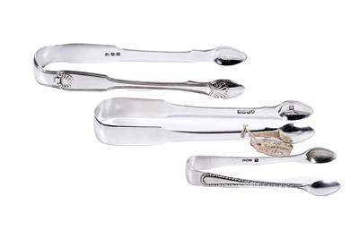 Lot 253 - Three pairs of Georgian and later silver sugar tongs