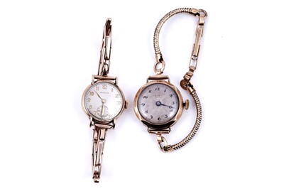 Lot 181 - A 1930's lady's 9ct gold cased wristwatch; and a lady's 9ct gold Primula wristwatch