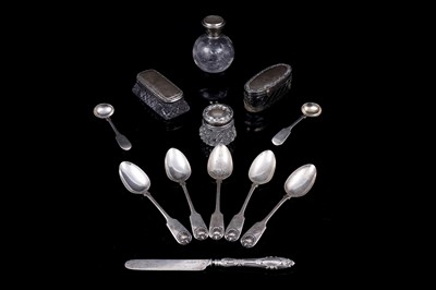 Lot 194 - Victorian Newcastle and other silver including: teaspoons and silver mounted jars