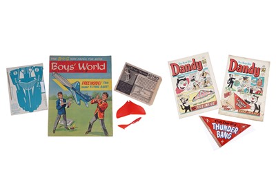Lot 40 - Dandy Comics and rare 'Thunderbang' gift; and Boys’ World No. 3, with ‘flying dart’