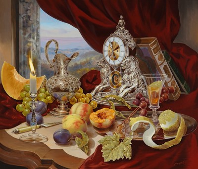 Lot 263 - Gyula Boros - Still life with fruit and silverware | oil