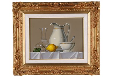 Lot 266 - Javier Mulio - Still life of tableware and a lemon | oil