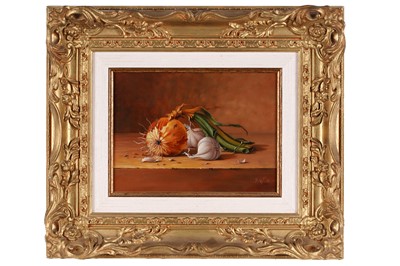 Lot 18 - Balasz Wanyi - Still life with onion and garlic | oil