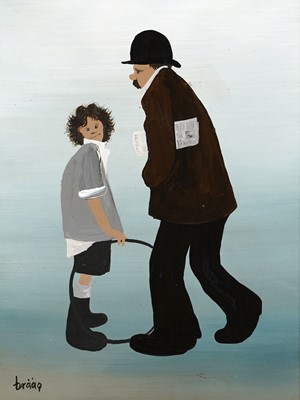 Lot 88 - Brian Shields 'Braaq' - Boy holding a hoop with a man walking by | oil