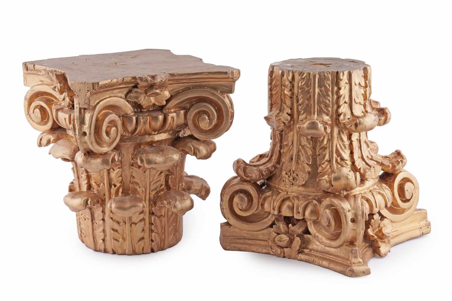 Lot 206 - A pair of late 19th Century carved and gilded Corinthian pine column capitals