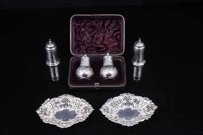 Lot 220 - Victorian silver pepperettes; and Edwardian silver bonbon dishes