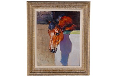Lot 250 - Malcolm Coward - Study of a bay horse in a stable | oil