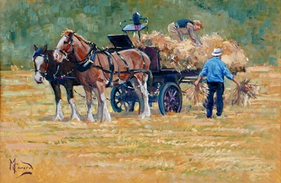 Lot 251 - Malcolm Coward - Loading the hay onto the cart | oil