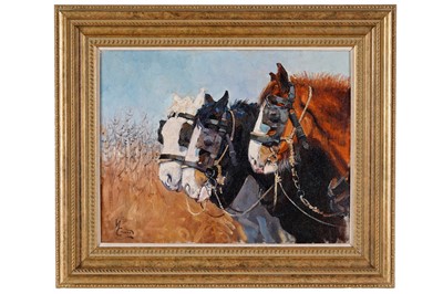 Lot 255 - Malcolm Coward - Three work horses in a field | oil