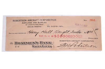 Lot 223 - Aviation interest: A Boatmen's Bank Saint Louis cheque, paid to Harry Hall Knight
