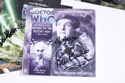 Lot 302 - A collection of signed Doctor Who book covers and CD sleeves